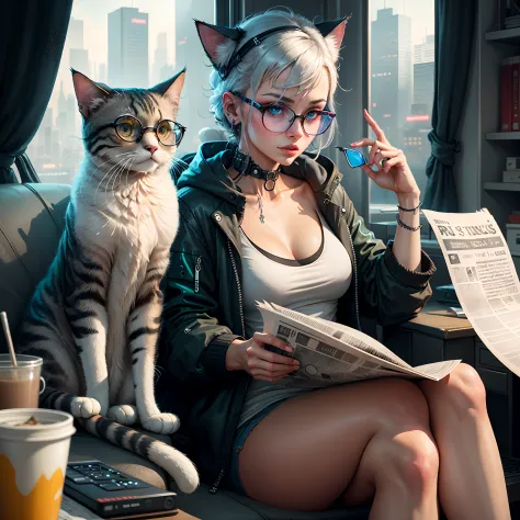 Cat with cyberpunk-style glasses reading a newspaper