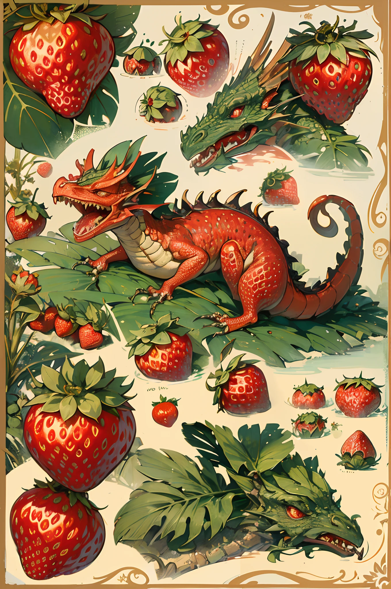 There is a dragon that is eating strawberries on the ground - SeaArt AI