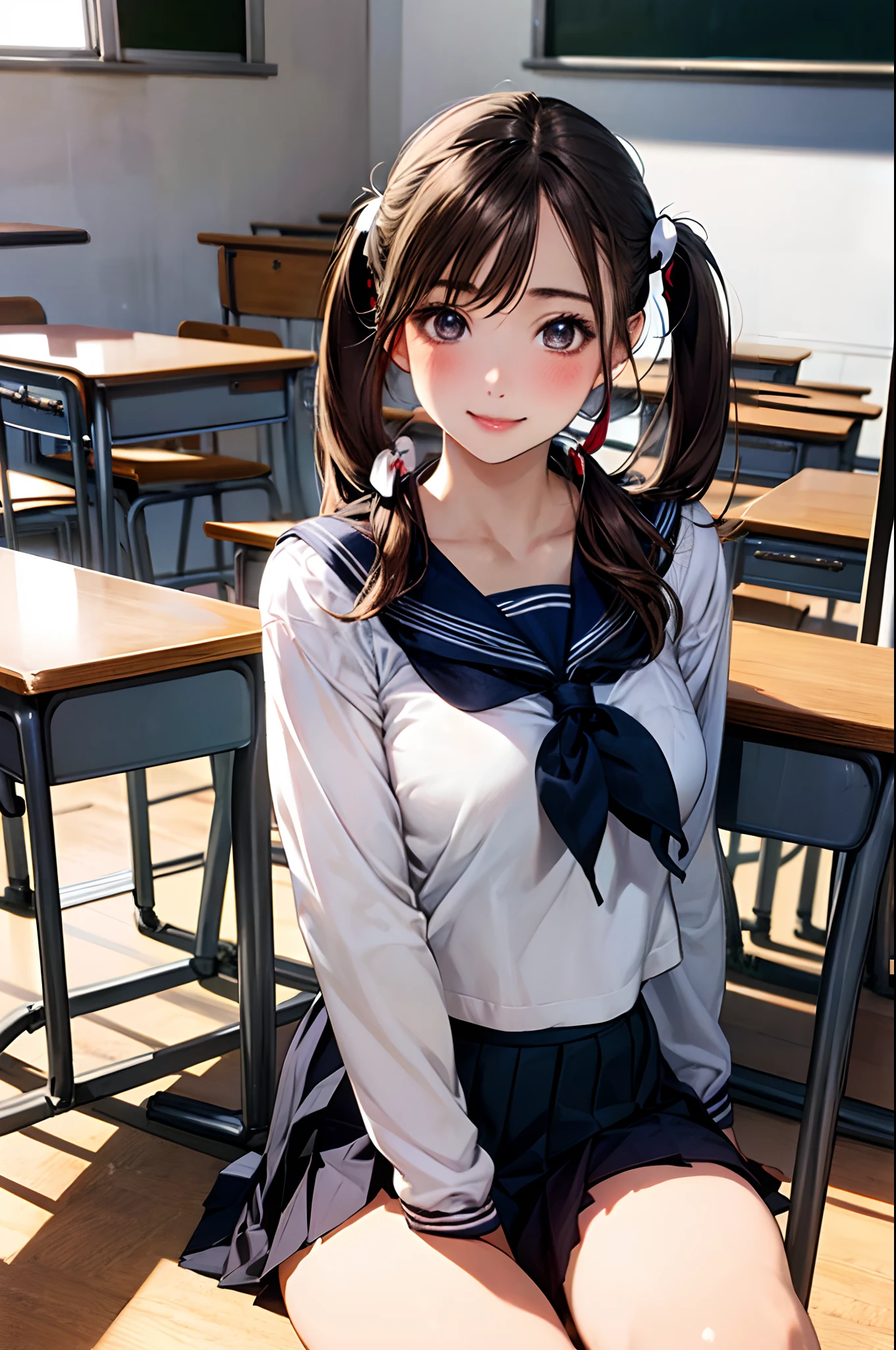 (masterpiece:1.2, top-quality), (realistic, photorealistic:1.4), beautiful illustration, 
looking at viewer, cowboy shot, front view:0.8, 
1 girl, japanese, high school girl, (long hair:1.4), light brown hair, (twin tail:1.7), large breasts:0.8, white skin
beautiful hair, beautiful face, beautiful detailed eyes, beautiful clavicle, beautiful body, beautiful chest, beautiful thigh, beautiful legs, beautiful detailed fingers, 
(beautiful scenery), , classroom, desks, chairs, 
((cute , long sleeves, pleated skirt, sailor collar, scarf)), white panties, shoes, 
sitting, sit in a chair, 
smile, holding phone,