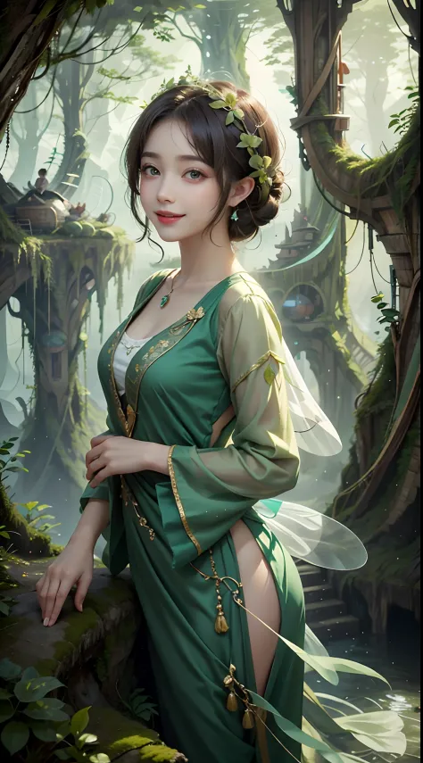 1 20-year-old girl, fairy princess, green clothes, nature clothes, nature panorama, sweet, beauty gril, twin sister. Smile