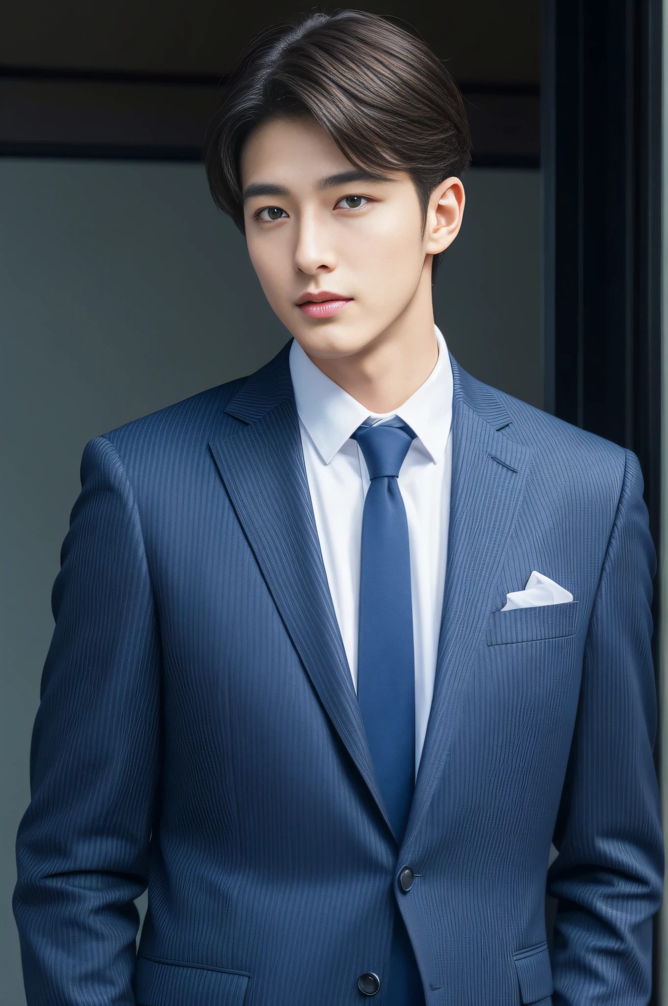 20-year-old refreshingly handsome new employee、　（Super cool S-class guy in a suit）、　Japan boys at 20 years old、　businessman、　Ultra-luxury suits、　Striped suit、　s Office、　Stand in a suitＳYoung handsome man、　Full body photo、　（Highly detailed photos of CG Unity 8K）、　（A highly detailedＳHandsome man in class）、　（Photo Real）、　　（（top-quality））、　ultra-detailliert、　（​masterpiece）、　An ultra-high picture quality、　tall、　viewer、　Gentle man、　Very beautiful hair、　Bright photo、　Handsome like a model、　Handsome like an idol、　Luxury Watches