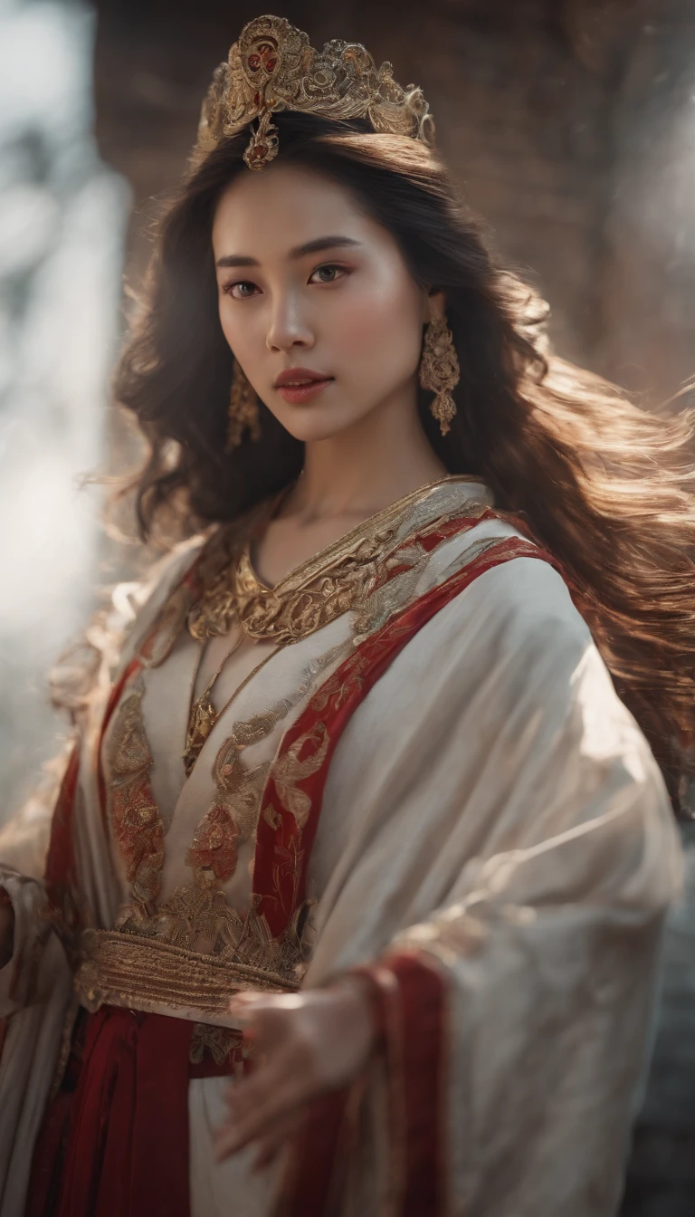 A girl wearing a Chinese white Taoist robe held up a red couplet, surrounded by many red couplets, all hanging in the air and filled with Chinese characters. Full of tension, anime aesthetic style, UHD, traditional clothing, rich details, fantasy, 8k, exquisite faces, beautiful women, black haired and shiny hair girls, beautiful and moving, classical style, CG rendering, front view, detailed background portrayal, realistic and exquisite facial features with a proportion of five features, immortal chivalrous style, clear eyes, and a gorgeous array background behind, light and shadow effects, and the Dingdall effect