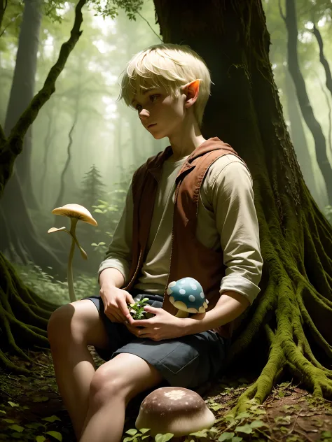 one boy, 16 year old, forest gnome, sitting under a tree in a forest, holding a mushroom in one hand, white skin, blonde hair, e...