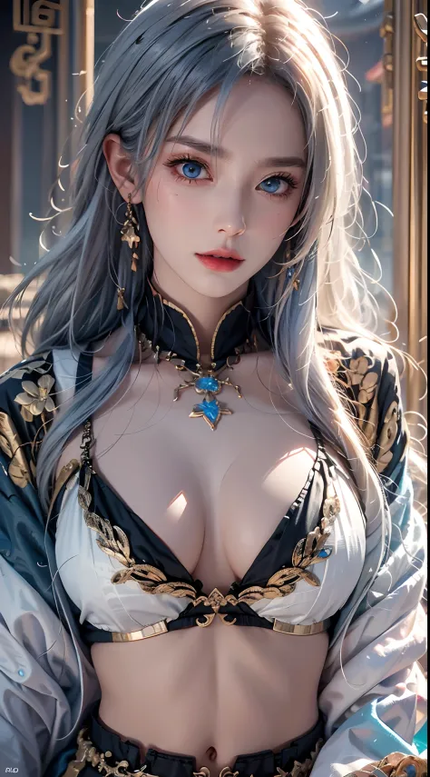 photorealistic, high resolution, soft lights, 1women, solo, hips up, look at viewer, (detailed face), blue eyes, white hair, long hair, colorful Taoist robe,oversized clothes, midjourney portrait, jewelry