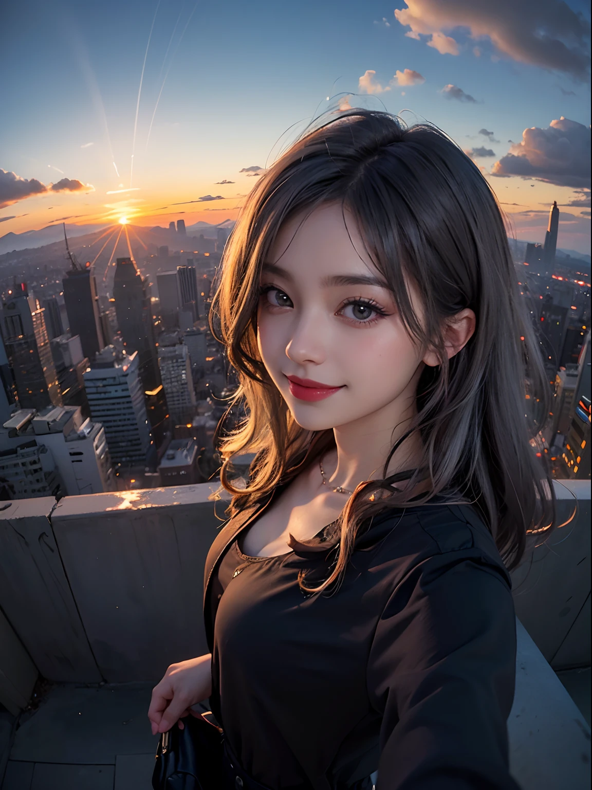 xxmixgirl,1girl, fisheye, selfie, wind, messy hair, sunset, cityscape, (aesthetics and atmosphere:1.2), gray hair,smiling,FilmGirl