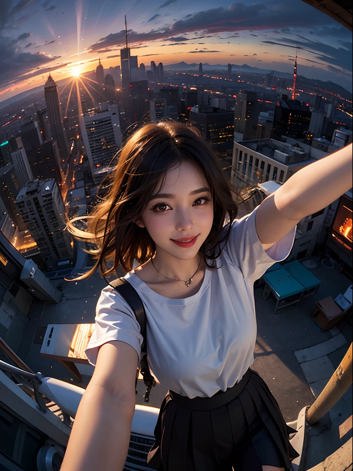 1girl, fisheye, selfie, wind, messy hair, sunset, cityscape, (aesthetics and atmosphere:1.2),smiling