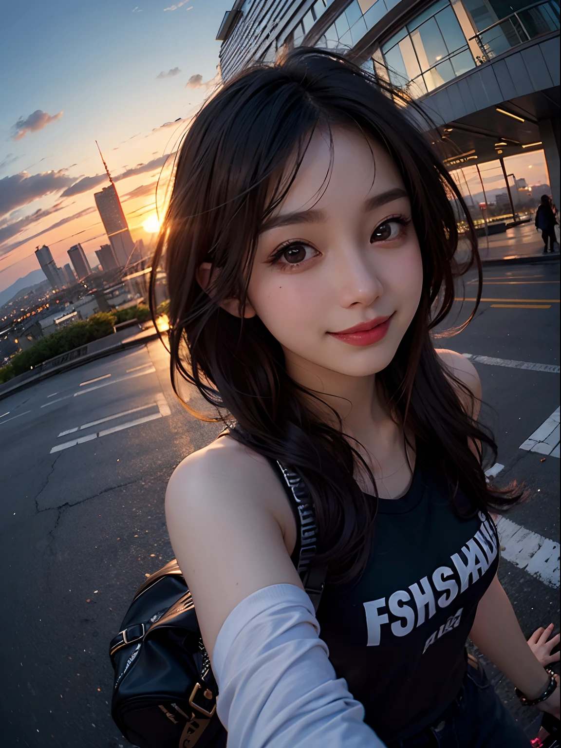 1 punk girl, fisheye, selfie, wind, messy hair, sunset, cityscape, (aesthetics and atmosphere:1.2),smiling