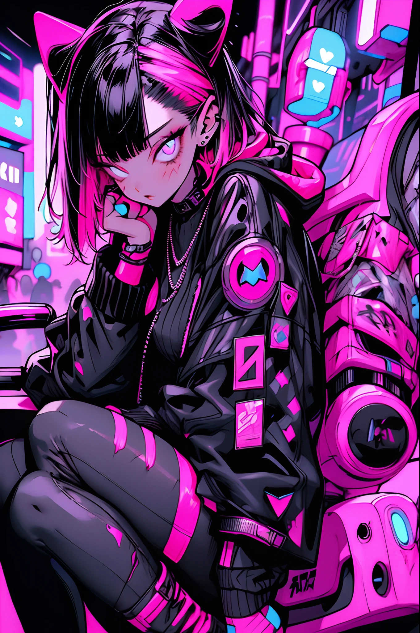 Anime girl with pink hair and black jacket sitting on a pink car - SeaArt AI