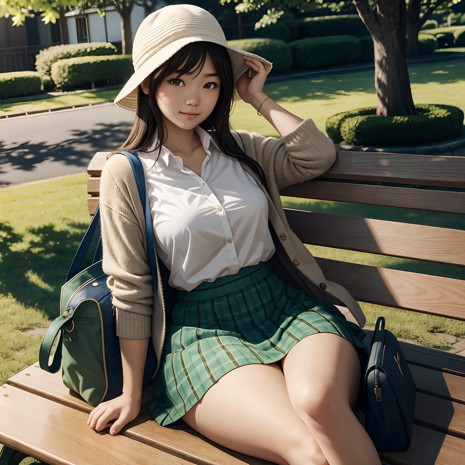 Top quality, an illustration in the style of a light novel. Draw with a detailed touch. a late summer morning, a Japanese young lady in a British high school uniform that enhances her healthy curvy body shape, laying on a bench with her hands behind her head, resting on a bench in a park. a faint smile. Her skirt is checkered in shades of green. lightweight cardigan, hat, bag, small bottle of water, overhead shot, diffused sunlight, depth of field