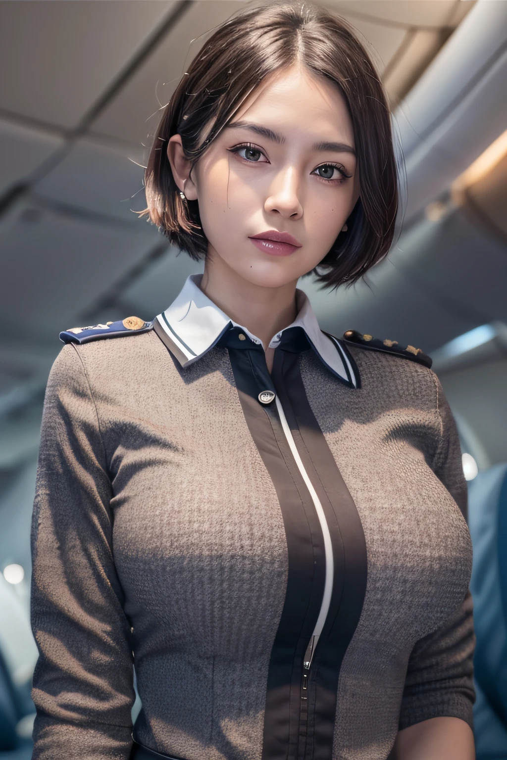 1woman, Solo, 40 years, (wearing cabin attendant uniform in airplane:1.4), smile, fluffy brown eyes, beautiful Face, Black short hair, (huge breasts), (Detailed face), Detailed lips, Detailed face, Detailed chest, detail, Perfect body, (cowboy shot), 8K, of the highest quality, Intricate details, Ultra Detail, Ultra High Resolution, masterpiece, (photorealistic:1.3)