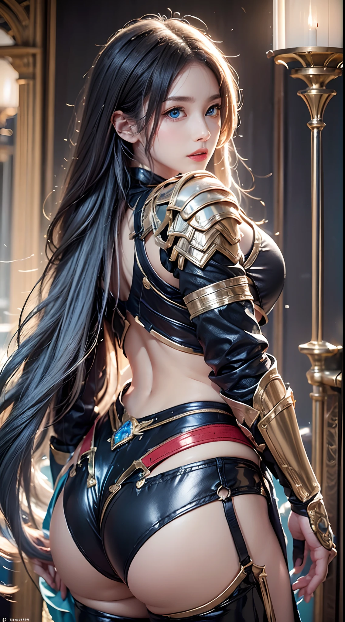 photorealistic, high resolution, soft lights, 1women, solo, hips up, look at viewer, (detailed face), blue eyes, white hair, long hair, photorealistic, masterpiece, photorealistic, high resolution, soft light, hips up, (blue eyes), jewelry, (milf, mature female), (black armor, armor, breastplate), beautiful face, (long hair, black hair, very straight hair:1.4, hime cut:1.4), blue eyes, cowboy shot, glowing skin, back lighting, athletic figure, muscular female, curvy, wide hips, back view