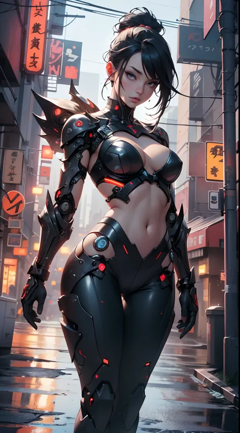 Beautiful Alluring Cyberpunk Samurai, Bare Skin, Athletic Well Toned Body, Elegant Form, Bare Skin, Outside At Neon Palace, Barely Clothed, Beautiful Face, smaurai inspired bikini armor, mechanical limbs, exposed robotic parts, chrome skin, neon glowing pa...