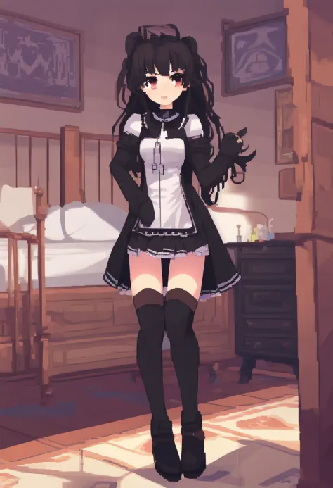 1girl, loli, solo, young child, long hair, (curly_hair), deep brown hair, eye-liner, (glossy_black_knee-high_socks:1.3), gothic_outfit, threaded outfit, (smirk:1.5),wide_head, side bangs,bedroom