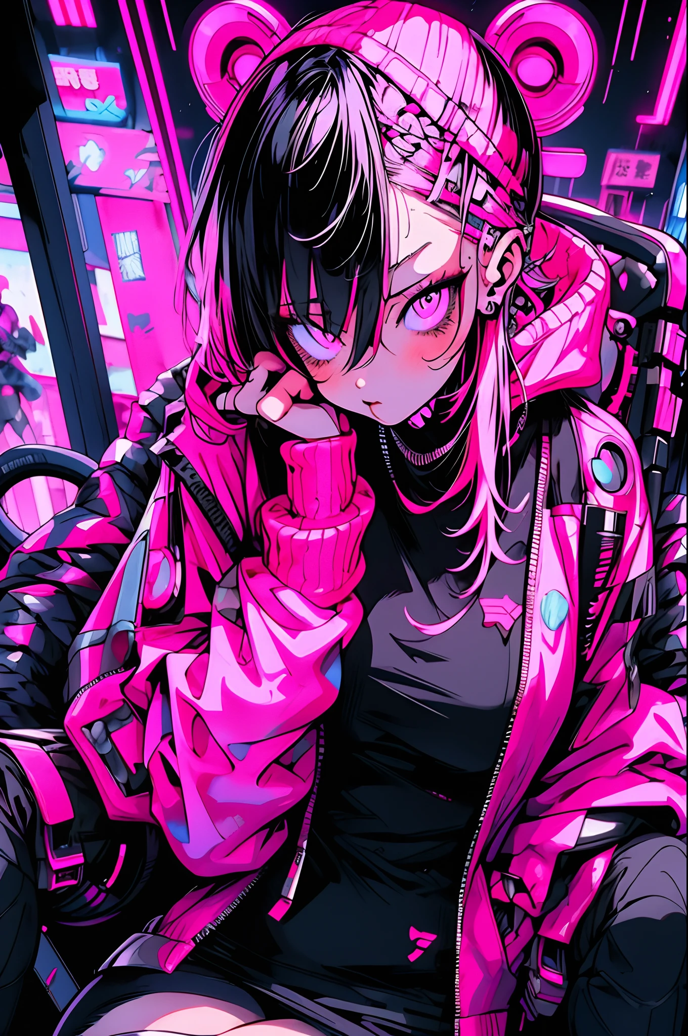Anime-Mädchen mit rosa Haaren sitzt auf einem Stuhl in einer Neonstadt, cyberpunk anime girl in hoodie, cyberpunk anime girl, Anime-Stil 4k, anime cyberpunk art, bestes Anime 4k Konachan-Hintergrundbild, digital cyberpunk anime art, female cyberpunk anime girl, digital cyberpunk - anime art, cyberpunk anime art, anime cyberpunk, cyberpunk streetwear, cyberpunk art style