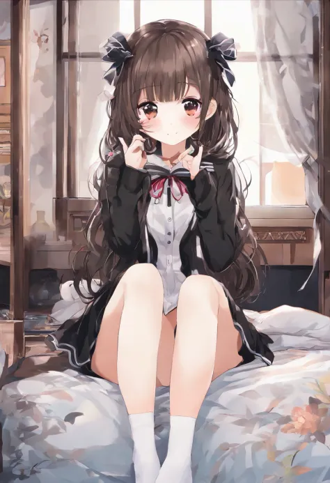 Highly detailed, doujinshi, 1girl, loli, solo, little girl, long hair, (curly_hair), deep brown hair, eye-liner, (glossy_black_knee-high_socks:1.3), gothic_outfit, threaded outfit, (smirk:1.5),wide_head, side bangs,bedroom, low angle, sitting, hand-to-mout...