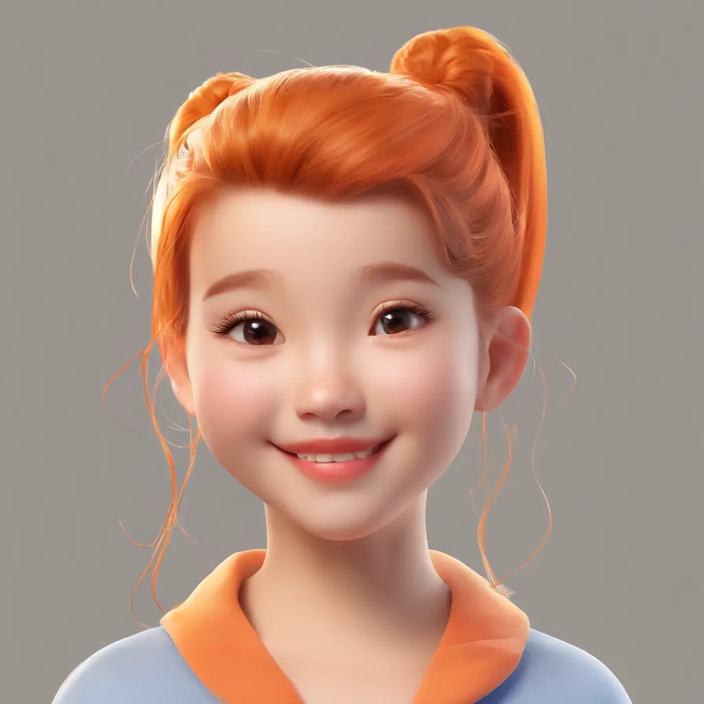 There is one with a ponytail，Little girl with orange hair, lovely digital painting, adorable digital art, Cute detailed digital art, Realistic cute girl painting, Cute cartoon character, Kawaii realistic portrait, Cute cartoon, Young and cute face, cute po...