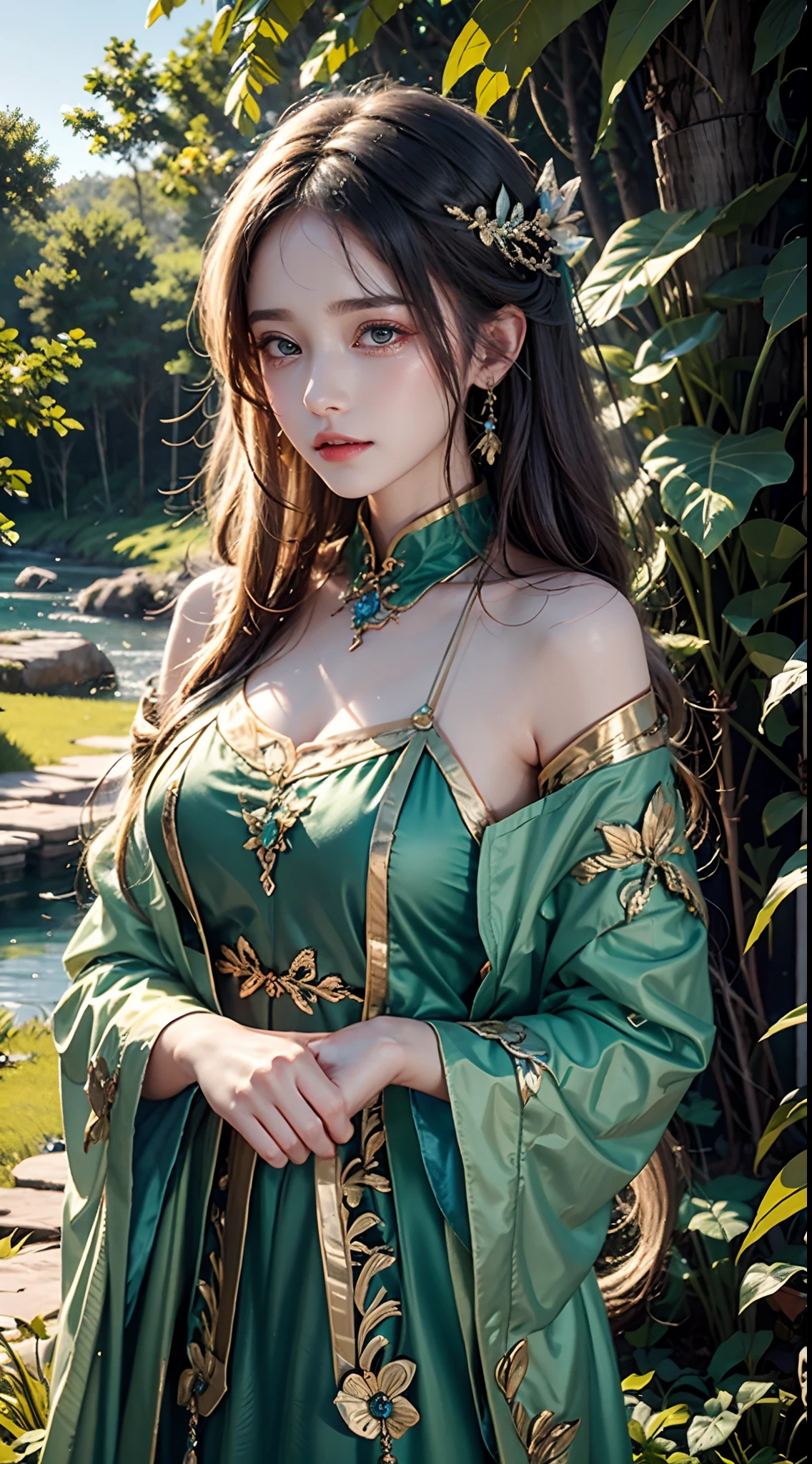 1 20-year-old girl, fairy princess, green clothes, nature clothes, nature panorama, sweet, beauty gril, twin sister.(crying), sad expresion. (Tear)