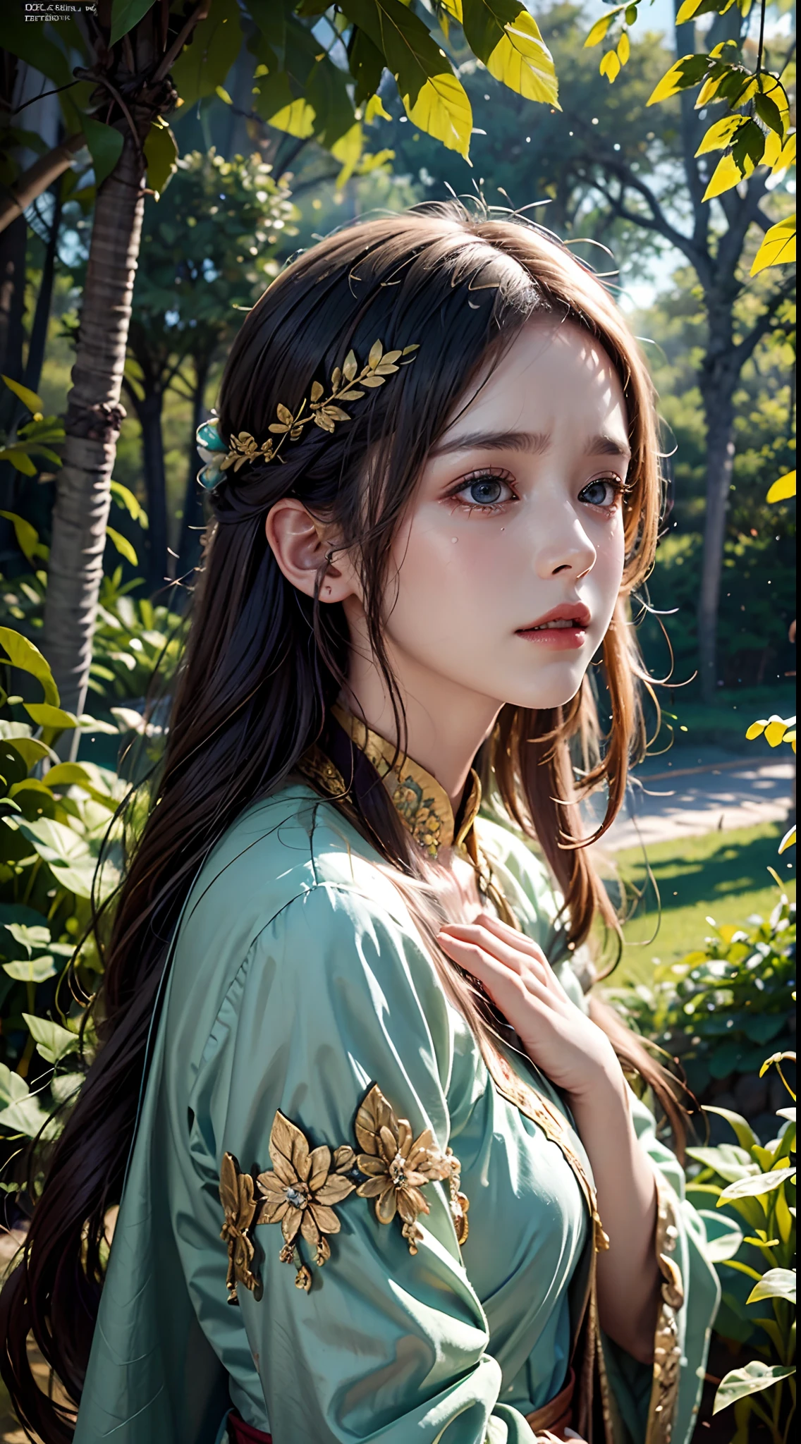 1 20-year-old girl, fairy princess, green clothes, nature clothes, nature panorama, sweet, beauty gril, twin sister.(crying), sad expresion. (Tear)