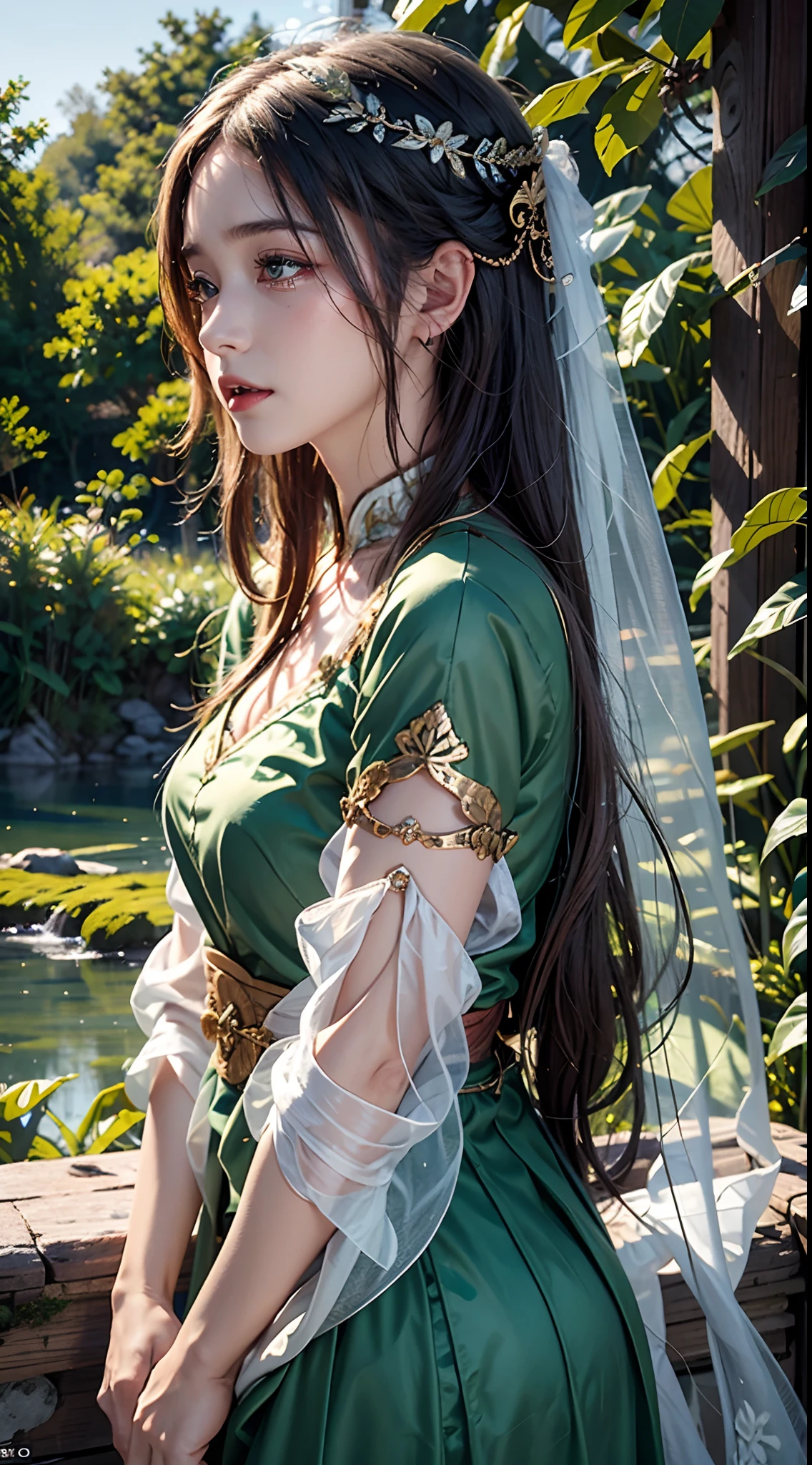 1 20-year-old girl, fairy princess, green clothes, nature clothes, nature panorama, sweet, beauty gril, twin sister.(crying), sad expresion. (Tear)