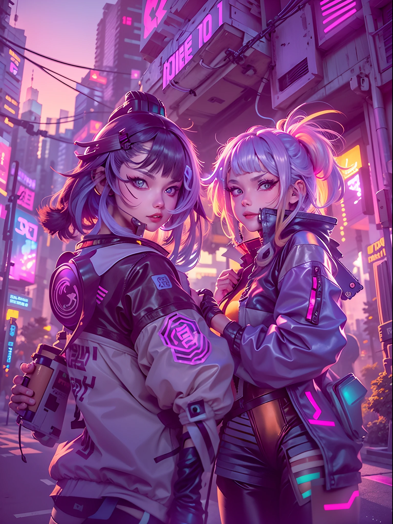 ((2 cyberpunk girls wearing Harajuku tech jackets)), fisheye, selfie, cowboy shot, wind, messy hair, ((sunset)), cyberpunk cityscape, (aesthetics and atmosphere:1.2),smiling