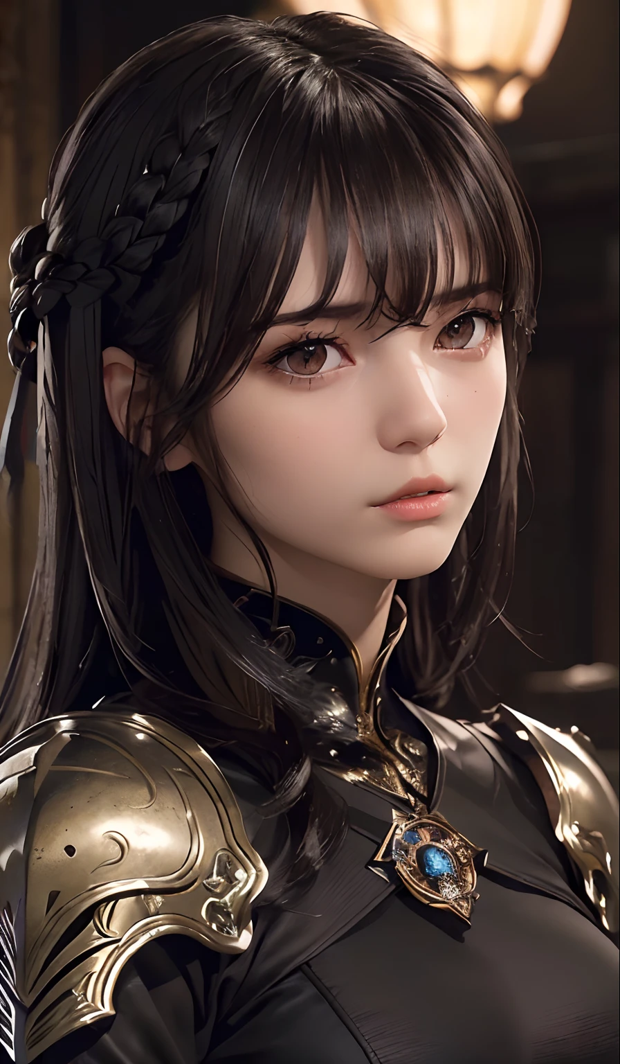 ((top-quality、​masterpiece:1.3))、sharp:1.2、Perfect Body Beauty:1.1)、Highly detailed facial and skin texture、Detailed eye、fancy、(Pitch black armor:1.3)、double eyelid、((Longhaire:1.5))、(dark brown  hair)、(well-groomed bangs:1.2)、((One Woman))、Holding the sword、fantasy castle、Black Knight、darkened room、Darkness Falls、The Knight Who Turned Evil、Fallen into evil、Evil Warrior、((Beautiful hairstyle:1.4))、(huge tit)