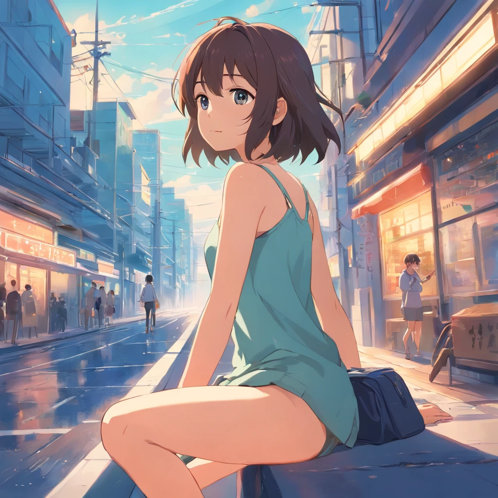 Anime girl sitting on a ledge in a city street - SeaArt AI