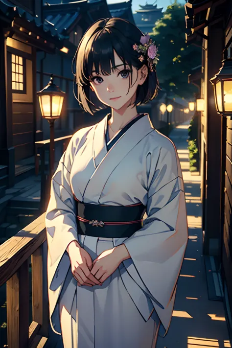 ​masterpiece, top-quality, Detailed details, Detailed landscapes, beatiful lights, Beautiful Shadows, Neat and clean woman,Standing、 18year old,Smaller chest、Black eyes, innocent smiles、,eye liner,Short hair、silber hair、(long kimono)、Kimono in muted colors...