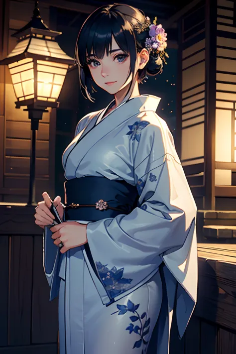 ​masterpiece, top-quality, Detailed details, Detailed landscapes, beatiful lights, Beautiful Shadows, Neat and clean woman,Standing、 18year old,Smaller chest、Black eyes, innocent smiles、,eye liner,Short hair、silber hair、(long kimono)、Indigo kimono、with flo...