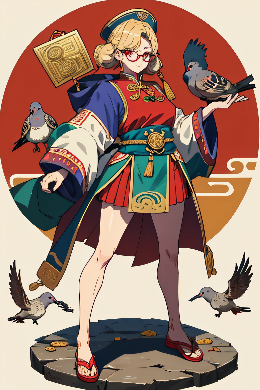 Whole body diagram，Standing painting，Miss Qianjin，jewelry，satchel，blond hairbl，wears glasses，Slightly fat，Bigchest，It wears ancient coin ornaments，Surrounded by pigeons，beast ear，short  skirt，Traditional Chinese patterns，Red is predominant，Gold coins wrapped around the waist