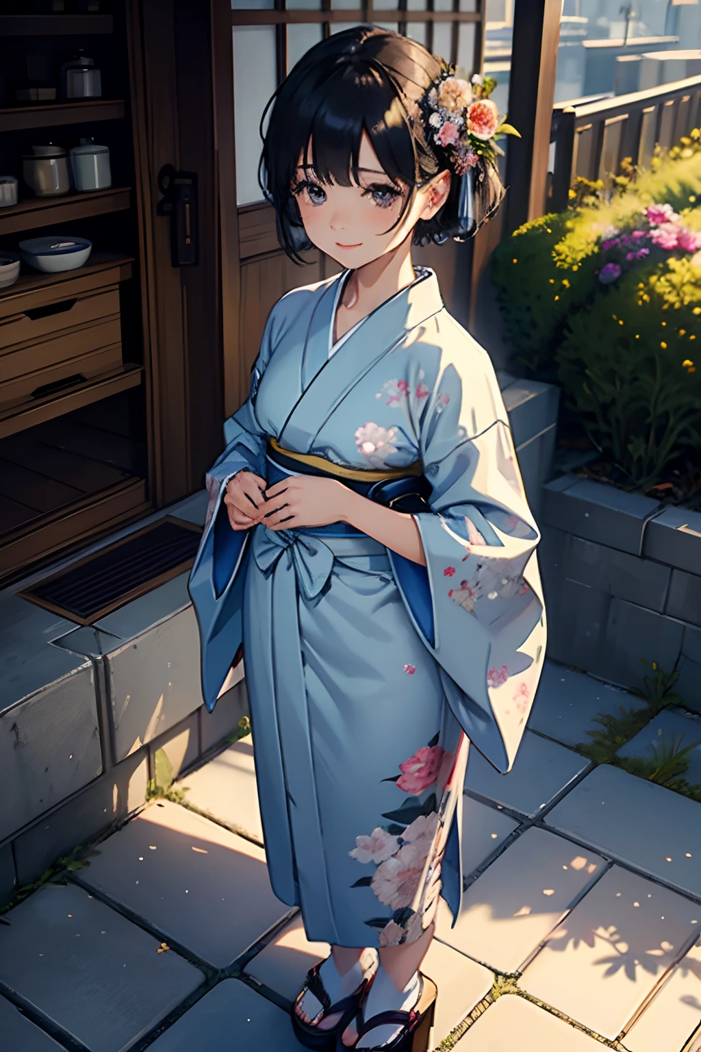 ​masterpiece, top-quality, Detailed details, Detailed landscapes, beatiful lights, Beautiful Shadows, Neat and clean woman,Standing、 32years old,((Smaller chest))、Black eyes, innocent smiles、,eye liner,Short hair、silber hair、(long kimono)、Feet are hidden in kimono、Indigo kimono、with floral pattern、Accurate kimono modeling、Detailed kimono texture、(Wearing clogs)、detailed skin textures, Tyndall effect,