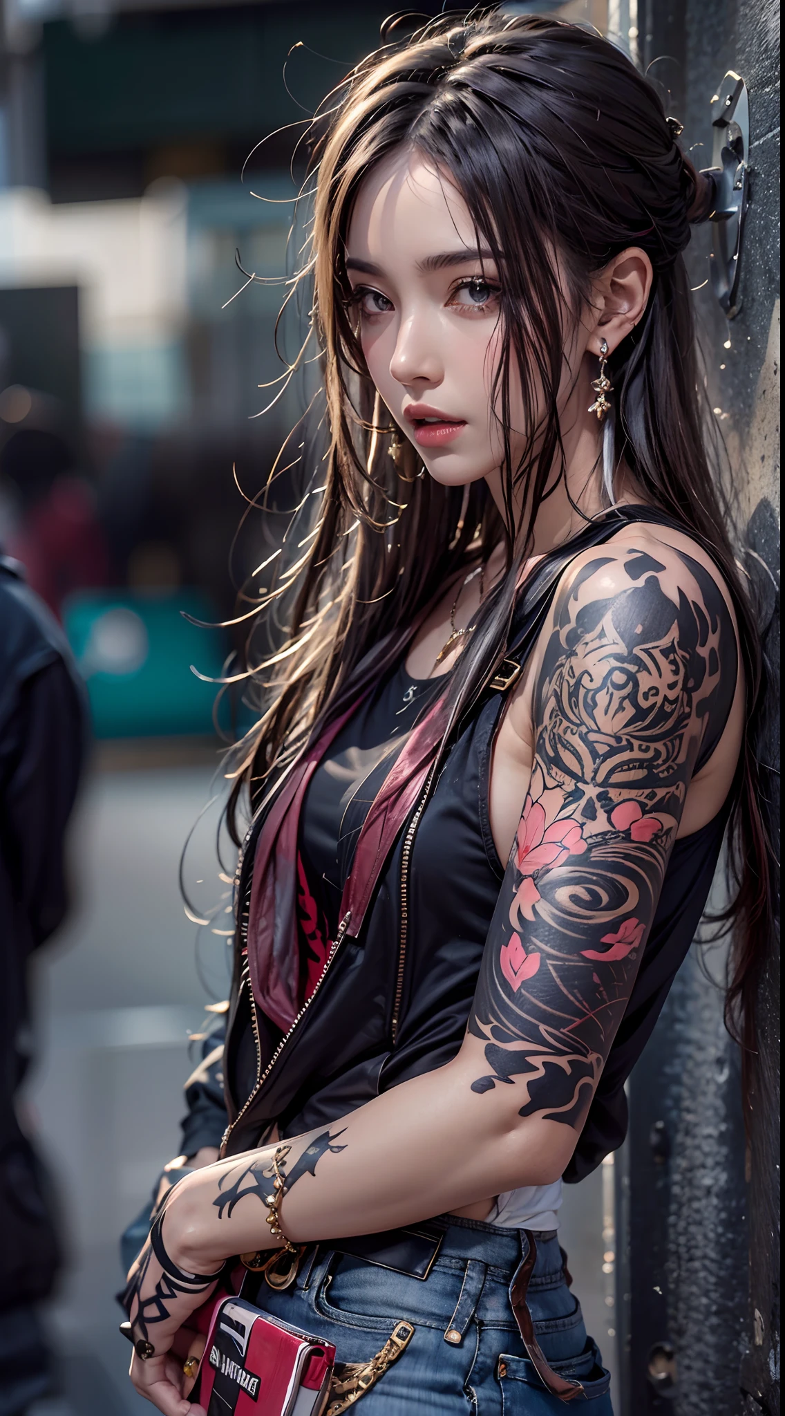 High resolution, 1 woman, hips up high, Beautiful eyes, Long hair, Jewelry, The tattoo, street wear