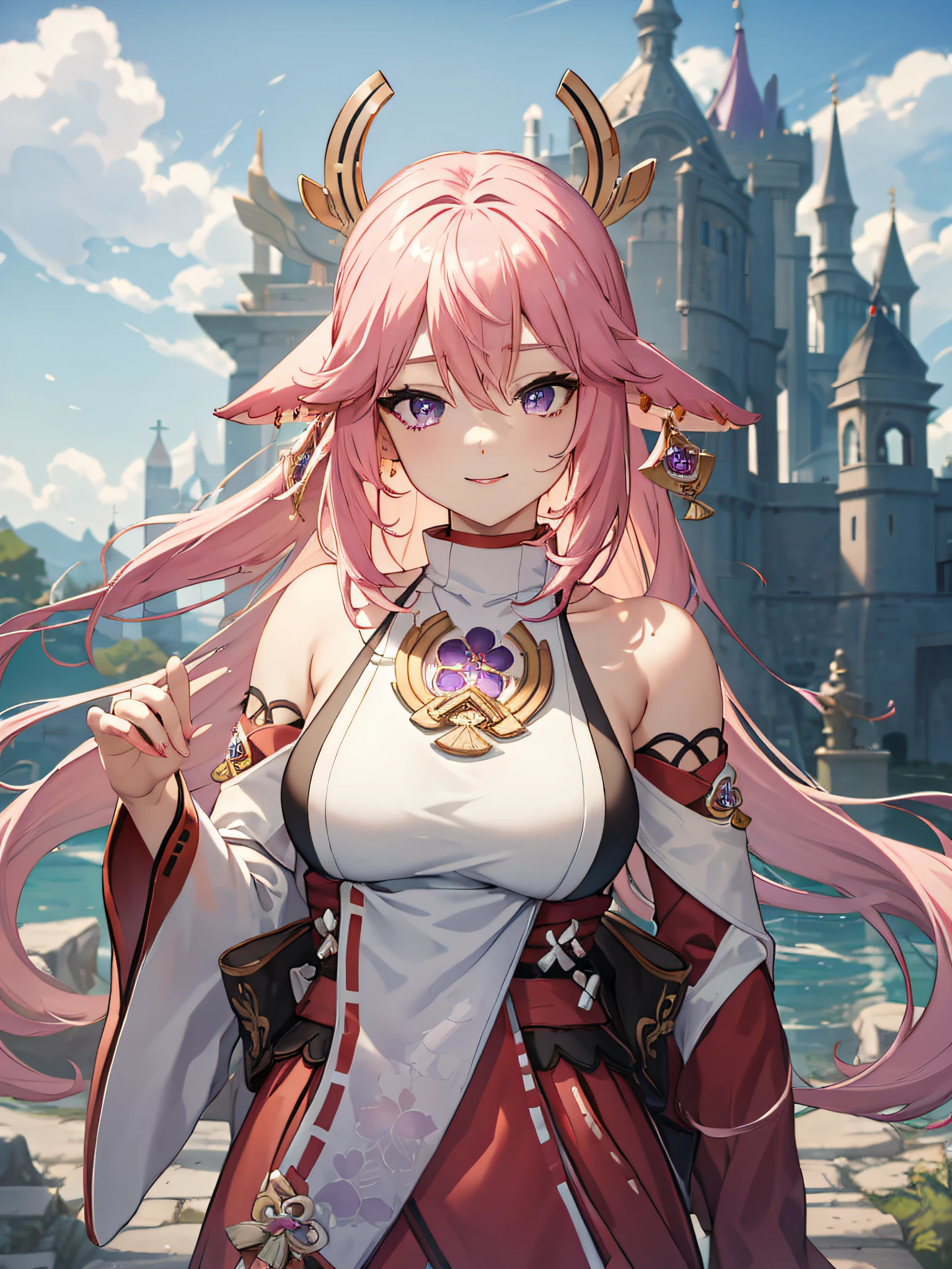 (masterpiece, best quality:1.2), highres, high resolution, solo, 1girl, yae miko, pink hair, side locks, long hair, purple eyes, smile, looking at viewer, seiza, hair ornament, Japanese clothes, sideboob, jewelry, earrings, large breast, large boobs, large chest, light smile, teeth, bare shoulders, portrait shot, upper body shot, BREAK outdoors, castle in background, blur background, standing, beautiful face, perfect fingers, perfect anatomy. PORTRAIT SHOT, masterpiece, high quality.