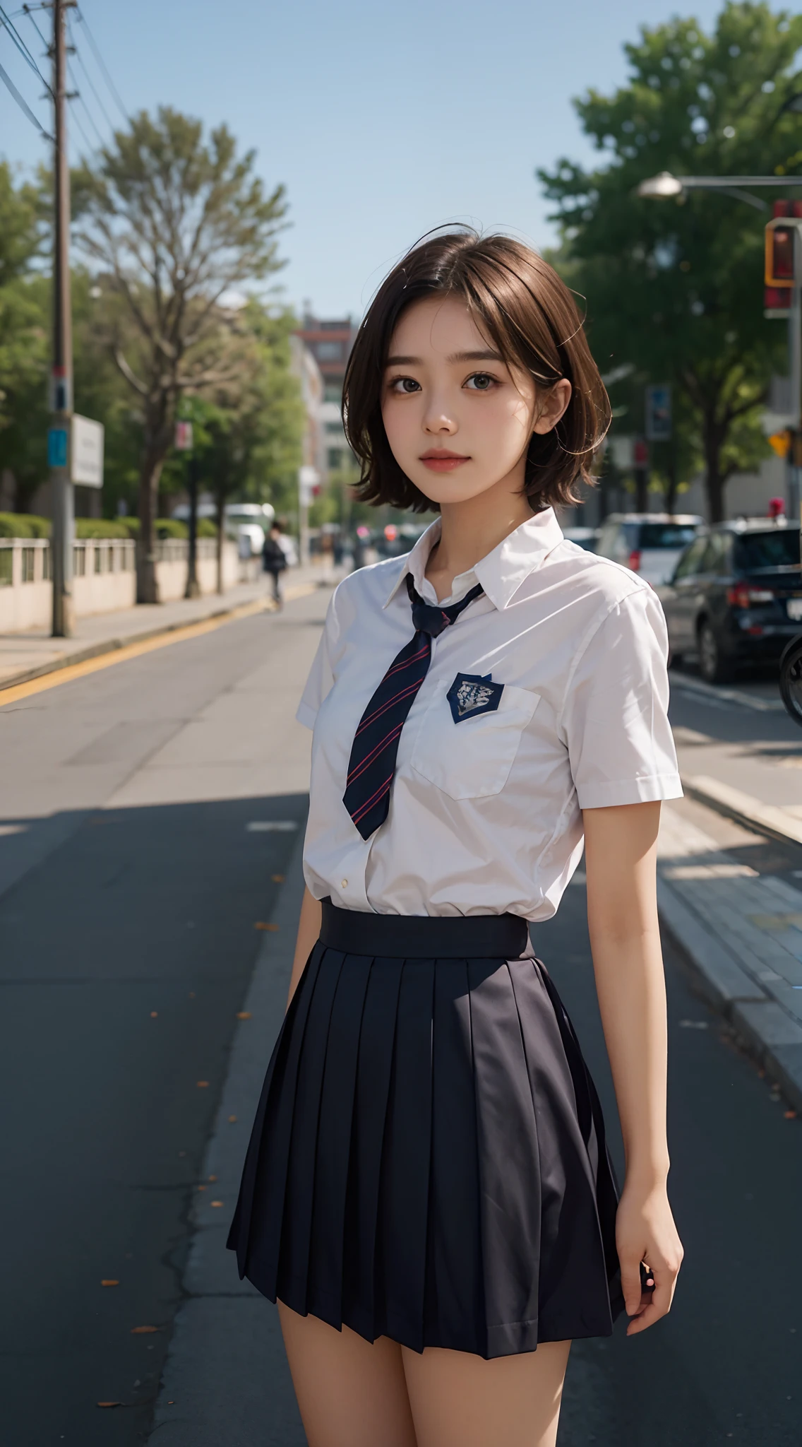 I am a girl in a high school uniform。short detailed hair