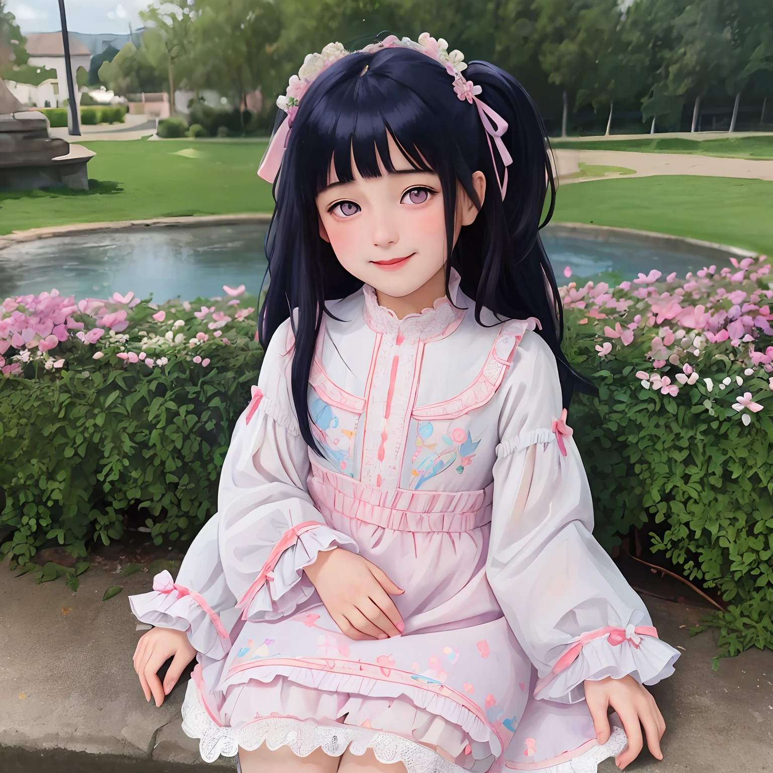 srs masterpiece best quality ultra-detailed finely detail highres ((little female child)) two side up long dark blue hair pink ribbon white dress lace-trimmed embroidery long sleeves blush embarrassed smile purple eyes sitting on side english floral garden, Blunt Bangs