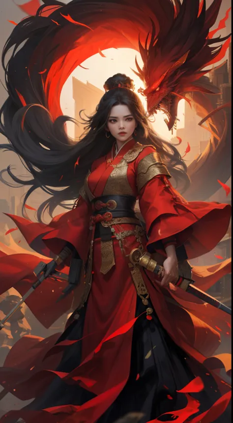tough woman, wearing a red hanfu, comes from the Chinese dynasty, bright red background