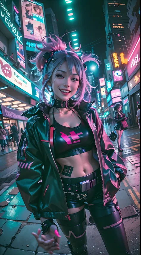 ((2 cyberpunk girls wearing Harajuku style pop outfit)), ((fisheye lens)), selfie, cowboy shot, wind, messy hair, cyberpunk city...