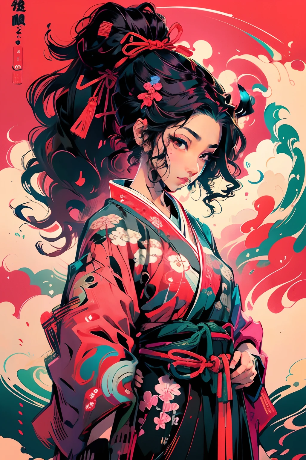It is a full-body painting with natural colors with Katsushika Hokusai-style line drawings.。Kengo、1、Japan Female Samurai。Rin々With a look of determination,、Long black hair and ponytail、The upper body is covered in a red kimono.、Hakama is Hakamajo。Japan holding a sword in both hands。Raising the arm above the head and trying to cut it off from the top of the head。With the highest quality、In the swirling flames of masterpiece high-resolution ukiyo-e style。beautiful countenance、beautidful eyes、detail portrayal、