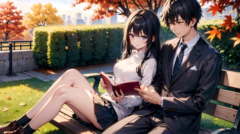 Canada、Colored leaves、Maples、A hill、Maple tree、leaves falling、1man and 1girl, Man is sitting under a tree and reading。Woman slee...