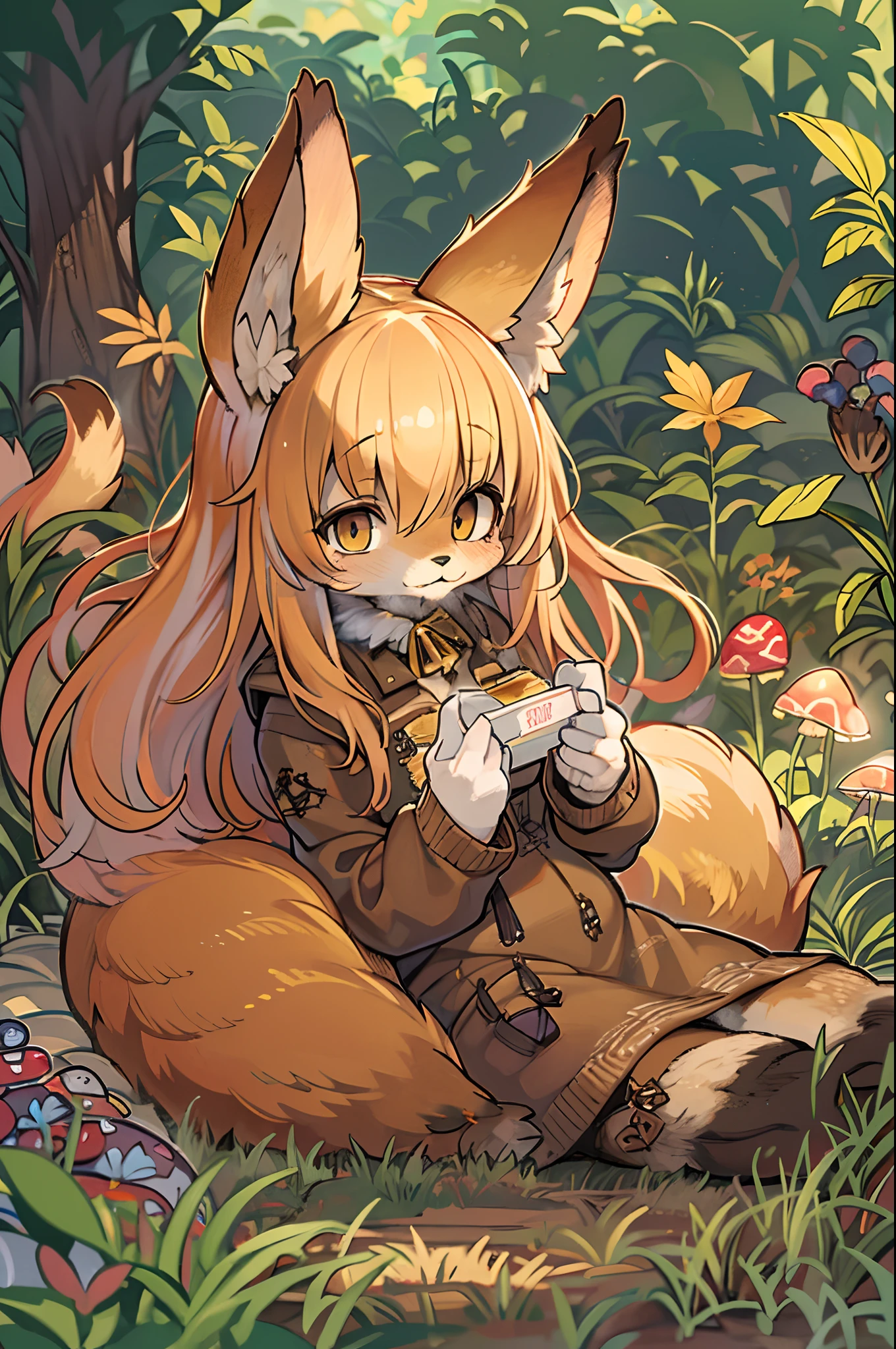 Fox, (Monster Girl), long brown ears with a dark brown inside,,,,, brown fur, Sunburned neck fluff, brown fluffy tail with a yellow-brown tip,,,,, Big brown eyes, wearing modest clothing, Sitting in the mushroom garden, masutepiece, Best Quality、autumnal