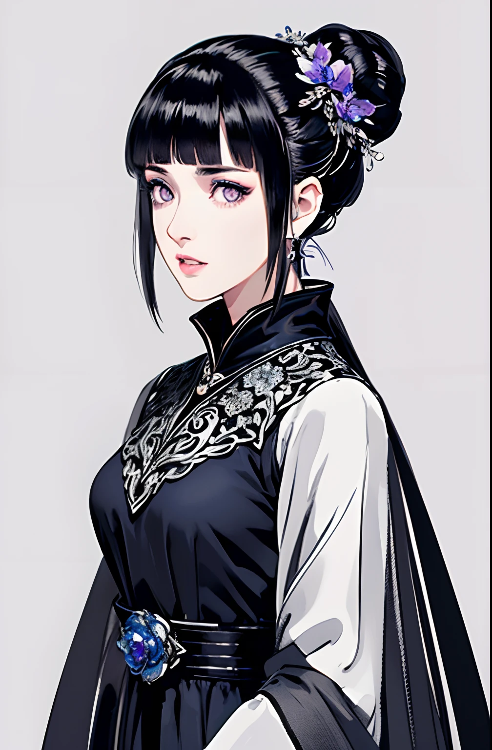 masterpiece,best quality,upper body,1girl,Extremely beautiful clothes(different stlyes),colored with greyscale background,airbrush \(medium\),polar opposites,half updo,flower-shaped pupils,cheek poking,three sided view,Blunt Bangs, purple eyes, dark blue hair