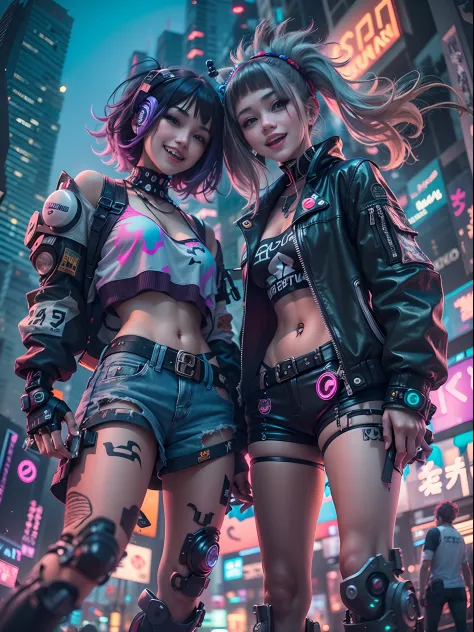 ((2 cyberpunk girls wearing Harajuku style pop outfit)), ((fisheye lens)), cowboy shot, wind, messy hair, cyberpunk cityscape, (...
