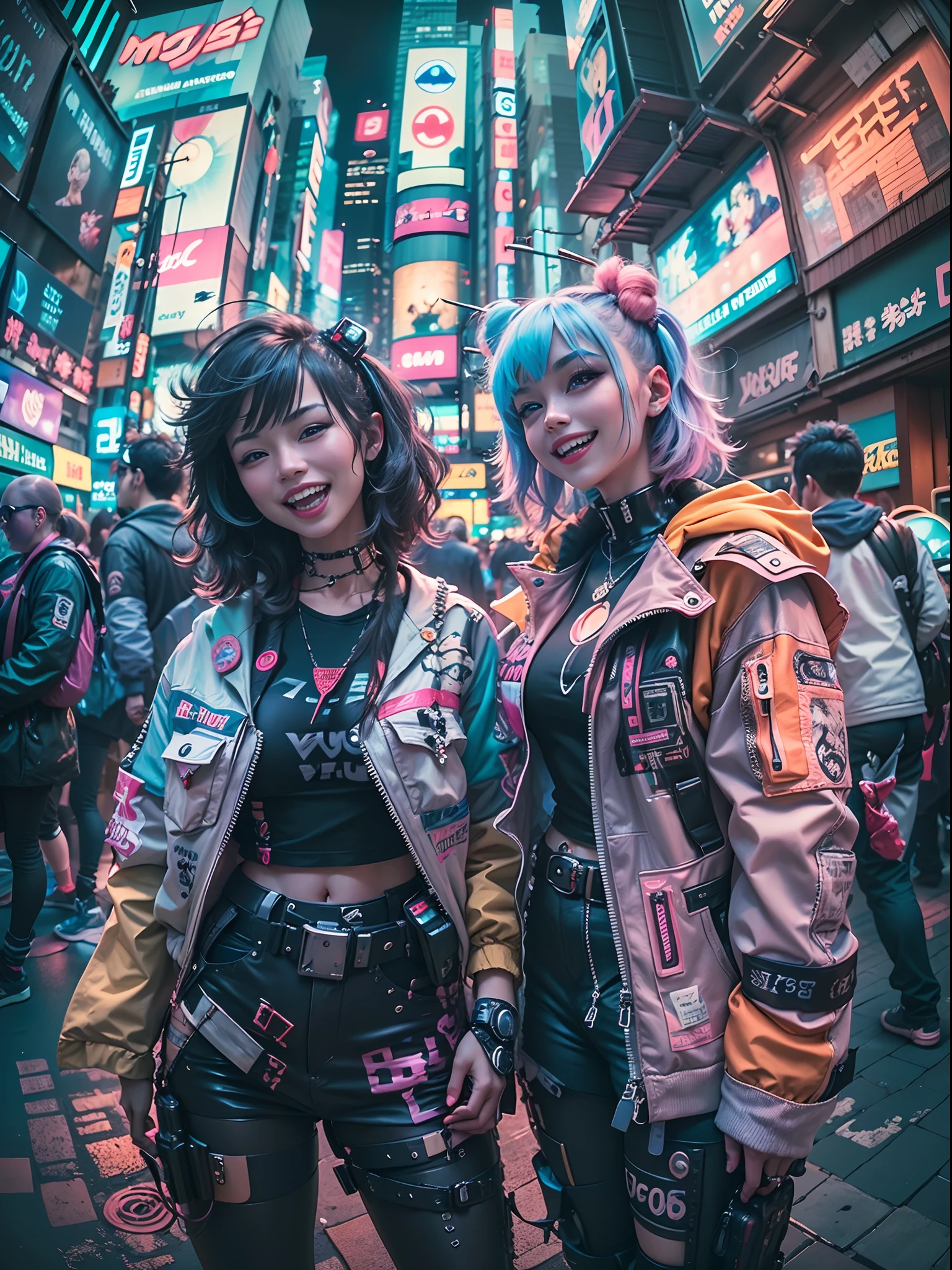 ((2 cyberpunk girls wearing Harajuku style pop outfit)), ((fisheye lens)), cowboy shot, wind, messy hair, cyberpunk cityscape, (aesthetics and atmosphere:1.2), smiling, laughing