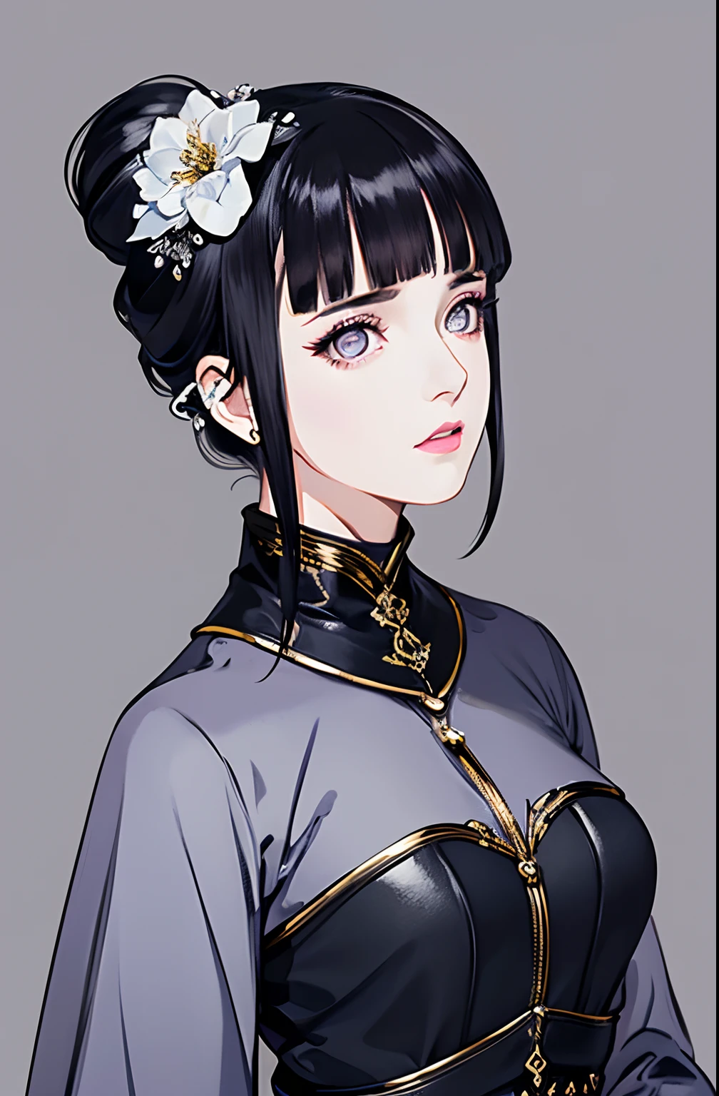 masterpiece,best quality,upper body,1girl,Extremely beautiful clothes(different stlyes),colored with greyscale background,airbrush \(medium\),polar opposites,half updo,flower-shaped pupils,cheek poking,three sided view,Blunt Bangs, purple eyes, dark blue hair