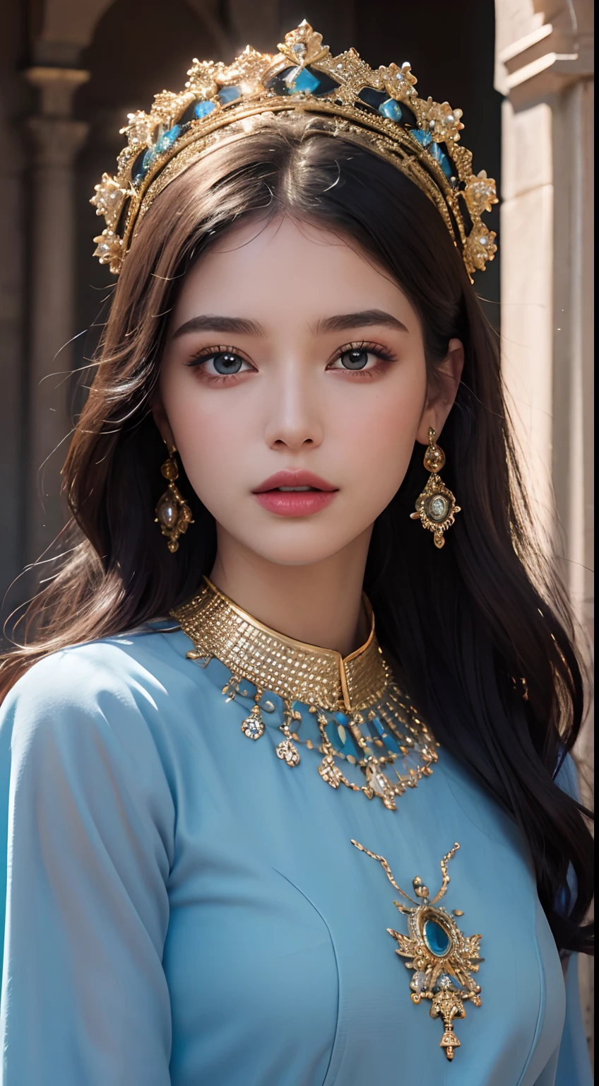 (master piece: 1.3), (8k, photoreallistic, Photo brute, beste-Qualit: 1.4), (1fille), beau visage, (realistic face), (cheveux rouges , cheveux long rouges1.3), belle coiffure, Realistic Crystal Brilliant Bright Eyes Bright, beautiful detailed eyes brilliant European beauty, (realistic skin), belle peau, (tirer), absurdes, attrayant, ultra highres, ultra realist, highly detailed, Golden number wearing a Moroccan Islamic caftan outfit half red half blue