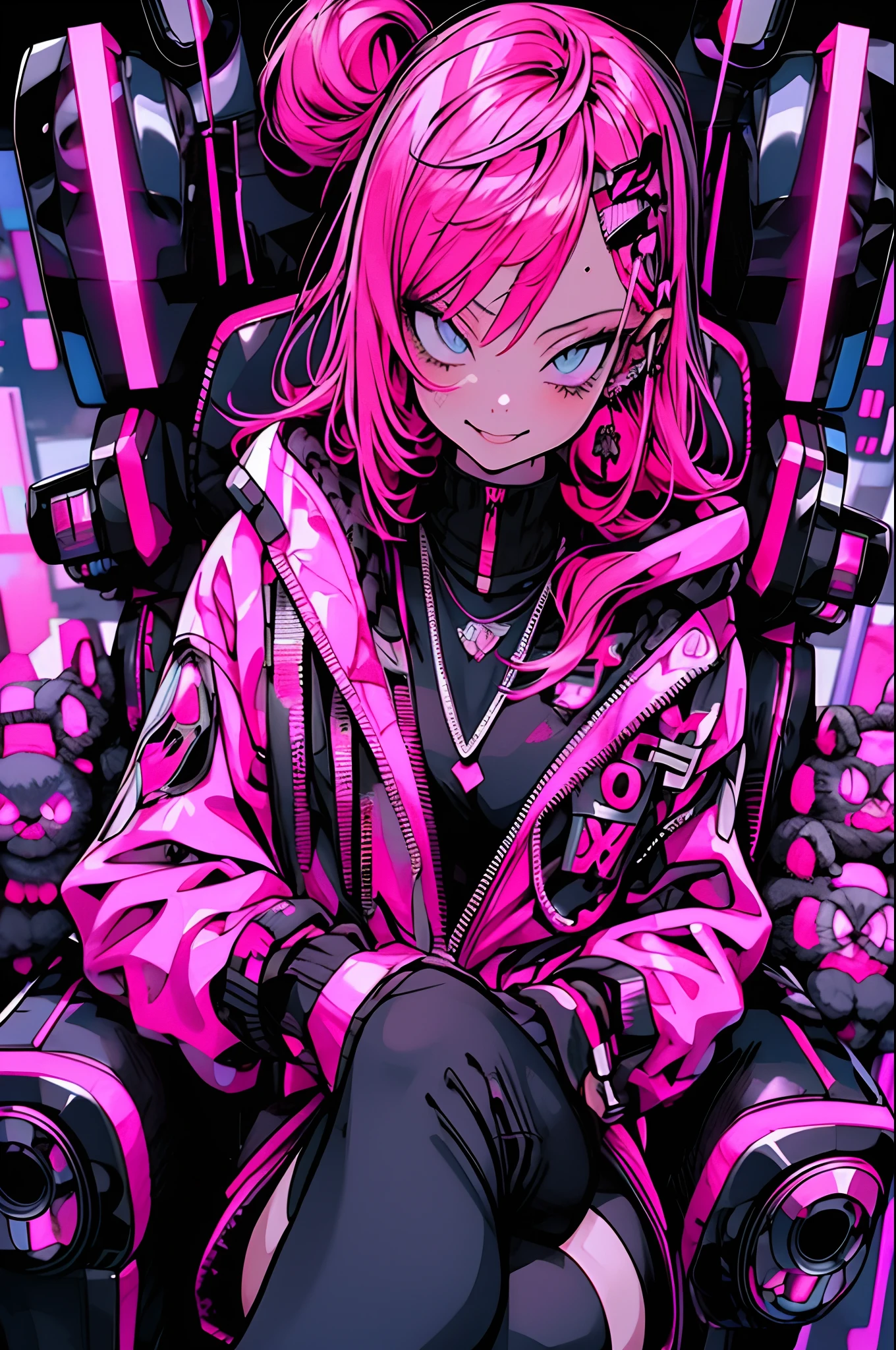 Anime-Mädchen mit rosa Haaren sitzt auf einem Stuhl in einer Neonstadt, großes Lächeln, cyberpunk anime girl in hoodie, cyberpunk anime girl, Anime-Stil 4k, anime cyberpunk art, bestes Anime 4k Konachan-Hintergrundbild, digital cyberpunk anime art, female cyberpunk anime girl, digital cyberpunk - anime art, cyberpunk anime art, anime cyberpunk, cyberpunk streetwear, cyberpunk art style