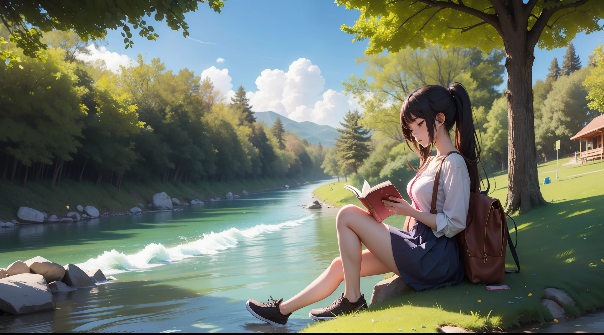"An anime girl reading while listening to music under a tree near a river."