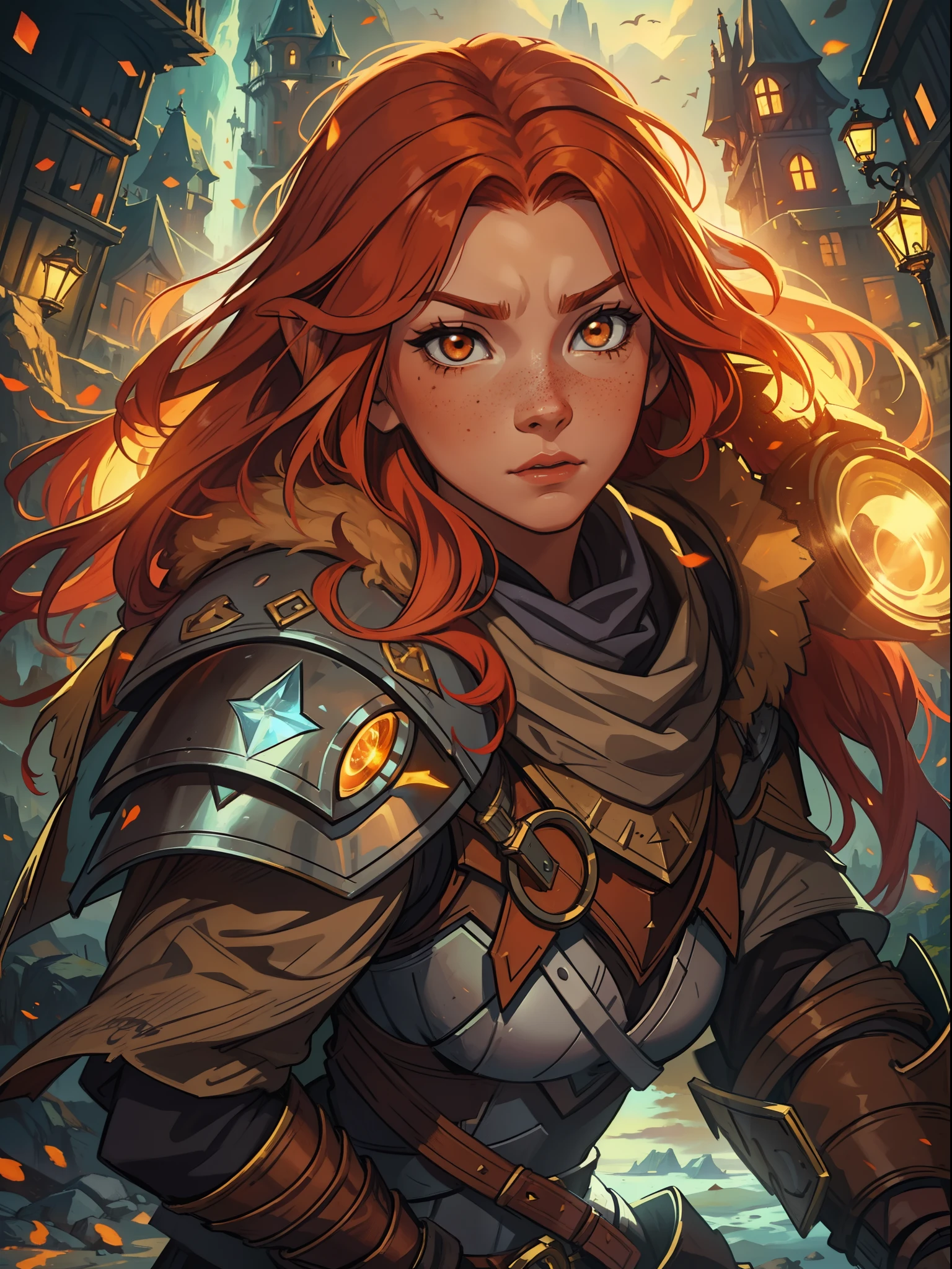 一名年轻的红发少女，有着橙色的头发和棕色的眼睛，她有一些雀斑，看起来很勇敢，她是一名战士，穿着强大的魔法盔甲，适合中世纪角色扮演游戏, 充满魔幻和神奇灯光的背景，山中堡垒的轮廓灯和电影灯光, 灵感来自英雄联盟中的蕾欧娜,  基于魔法和巨型盾牌的强大而耐用的盔甲