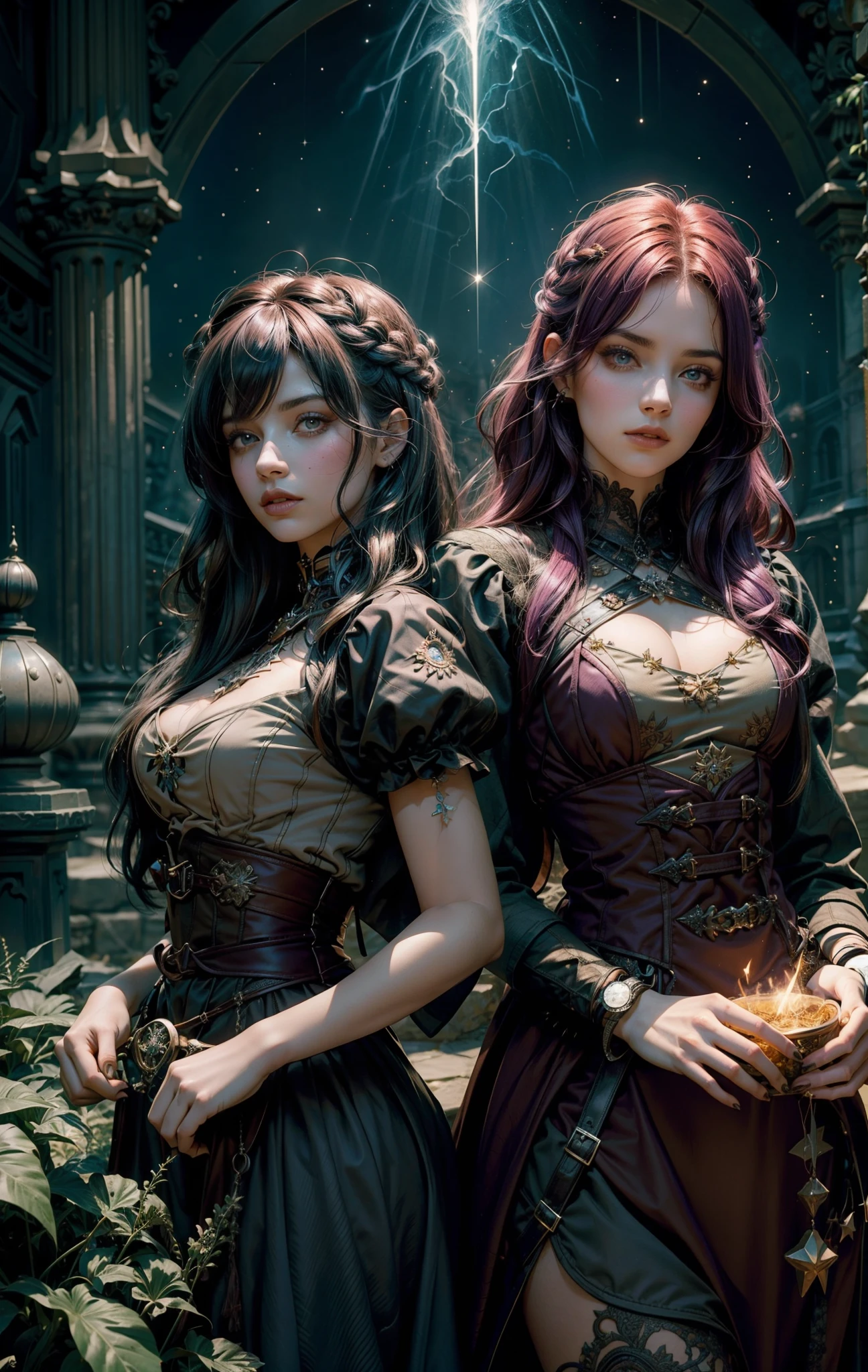 2 mulheres com 魔法杜拉达, 图像的背景是黑暗的、繁星点点的，充满了带有火花的光斑, 阿西姆科莫奥斯奥尔霍斯的 2 种不同发型, 1 梅尔赫·特姆·卡贝洛斯·维德斯, 另一个梅尔赫有头发和紫丁香