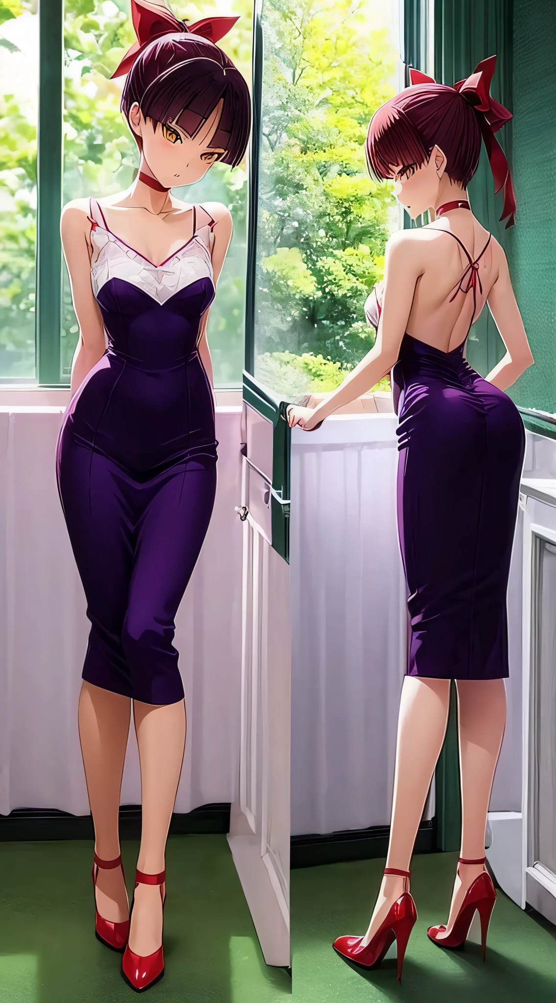 Anime girl in purple dress standing by window with red shoes - SeaArt AI