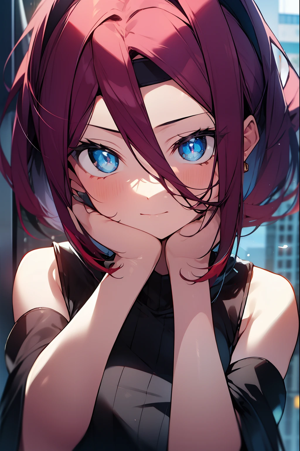 kallenstadtfeld, kallen stadtfeld, blue eyes, headband, red hair, short hair,
BREAK sleeveless, sleeveless turtleneck, turtleneck,
BREAK looking at viewer,
BREAK outdoors, city,
BREAK (masterpiece:1.2), best quality, high resolution, unity 8k wallpaper, (illustration:0.8), (beautiful detailed eyes:1.6), extremely detailed face, perfect lighting, extremely detailed CG, (perfect hands, perfect anatomy),